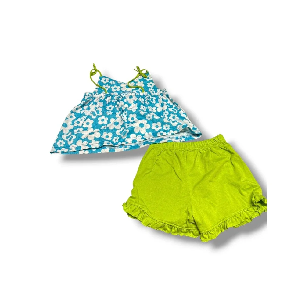 Carters Girls Blue Floral Butterfly Pajama Set Green Ruffle Shorts Size 5